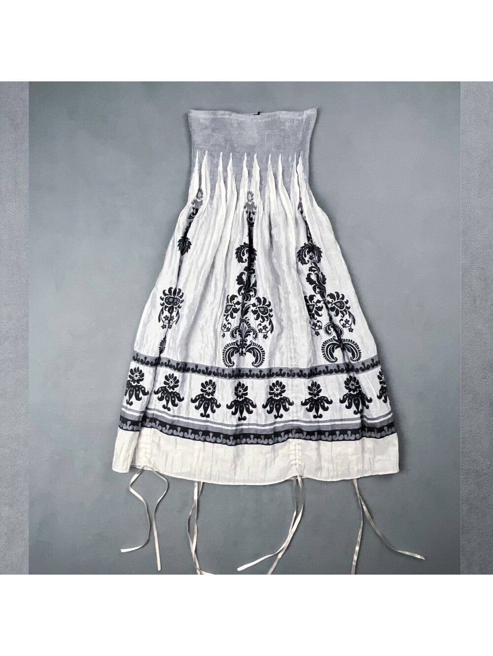 Lapis White and Black Strapless Smocked Midi Dress with Drawstring Details